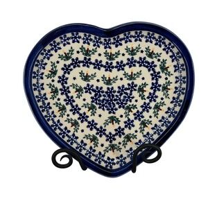 Boleslawiec Polish Pottery Heart Plate Snowflake Holly Candle Hand Made Poland